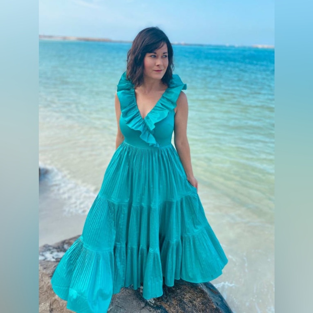 Kate Spade Poplin Ruffled Tiered Teal Maxi Dress - size 10
